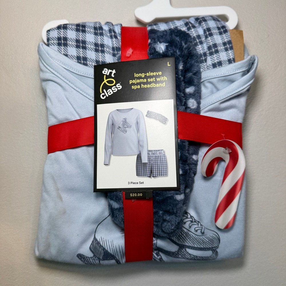 Art Class Girls Pajama Set Blue Ice Skates Plaid Shorts Spa Headband Size Large